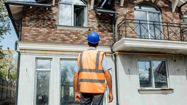 Photo d'un ouvrier face à une maison