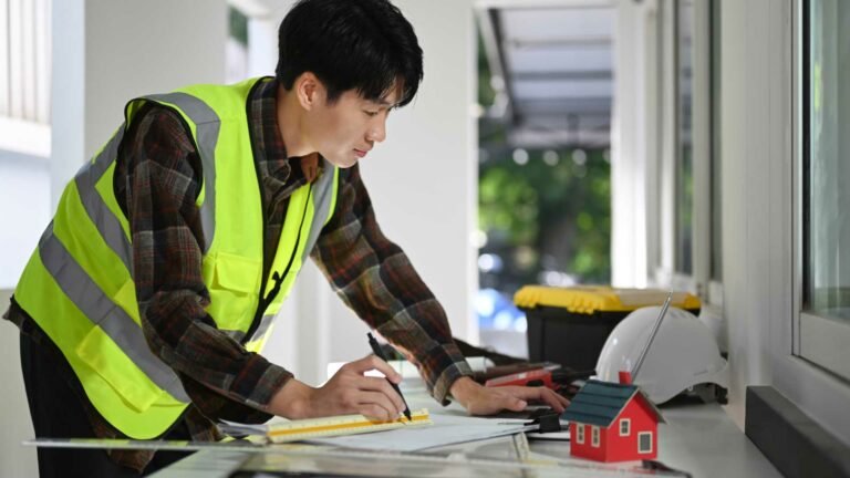 Photo d'un homme qui travail et réalise des calculs dans une maison