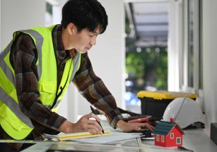 Photo d'un homme qui travail et réalise des calculs dans une maison